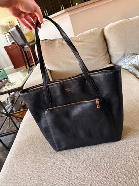 GUESS Black Faux Leather Zip Tote Shoulder Bag Gold Hardware Work Purse